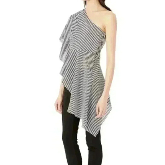 HALSTON Women's Blouse, Linen White/Black Milesian Stripe, 8 - Picture 2 of 5